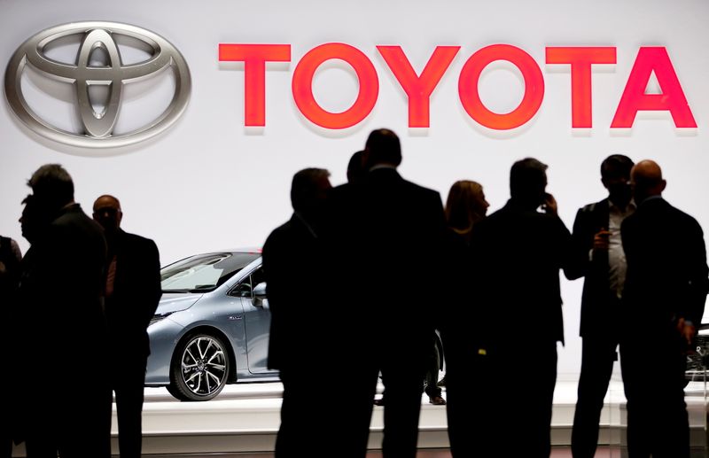 FILE PHOTO: Toyota logo displayed at the 89th Geneva International Motor Show
