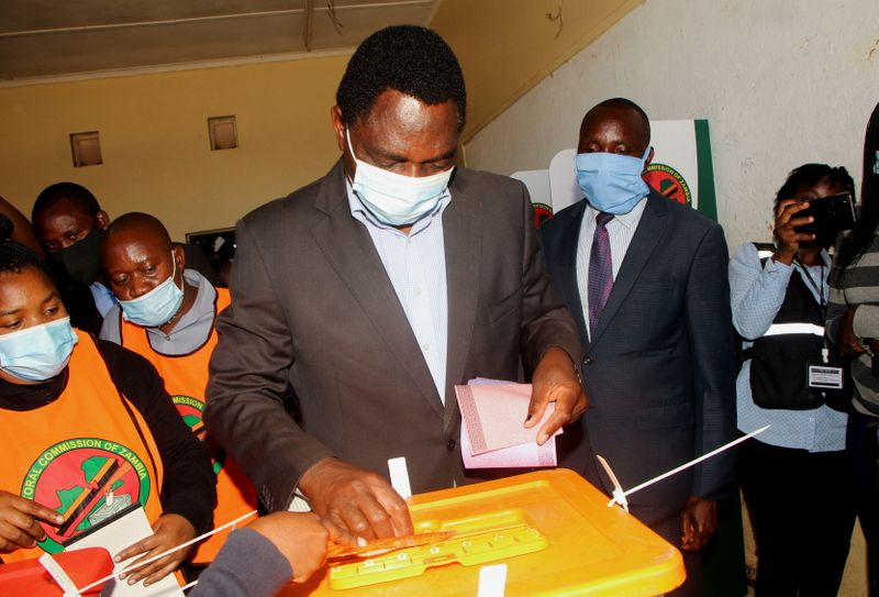 FILE PHOTO: Opposition UPND party's presidential candidate Hakainde Hichilema casts his ballot in Lusaka