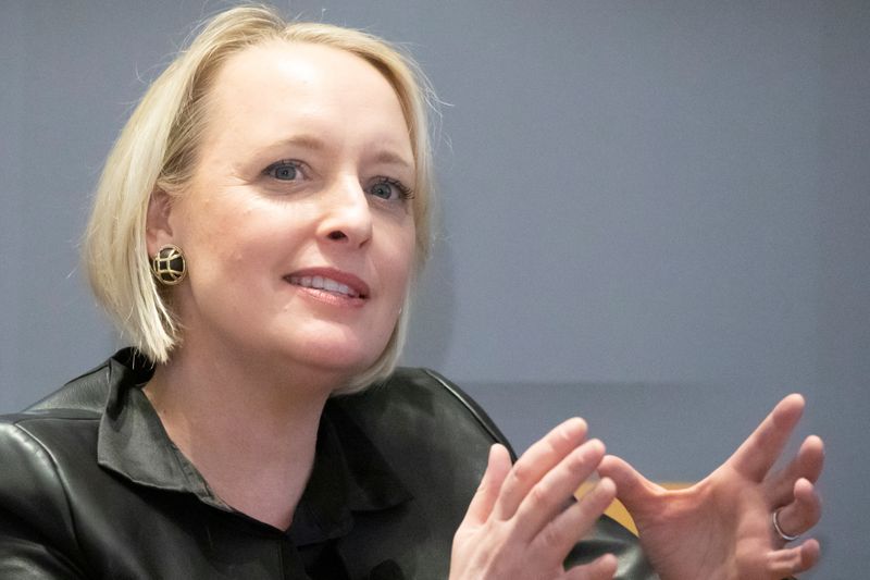 FILE PHOTO: Accenture CEO Julie Sweet speaks during a meeting with the Economic Club of New York in New York City, New York