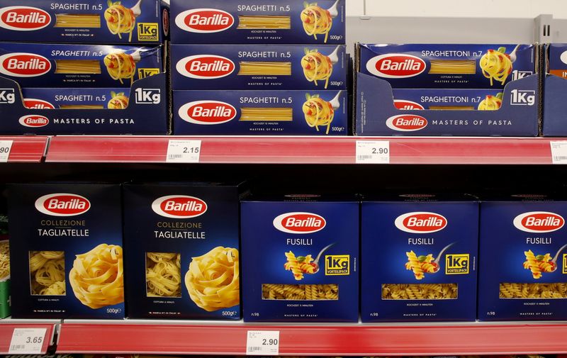 FILE PHOTO: Pasta products of Italian producer Barilla are displayed at a supermarket of Swiss retailer Denner in Glattbrugg
