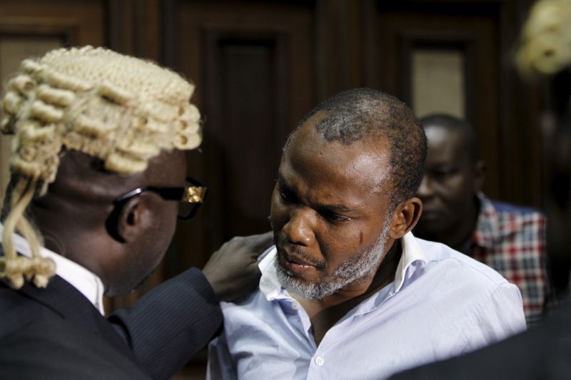 FILE PHOTO: Indigenous People of Biafra (IPOB) leader Nnamdi Kanu seen with his counsel at the Federal high court Abuja, Nigeria