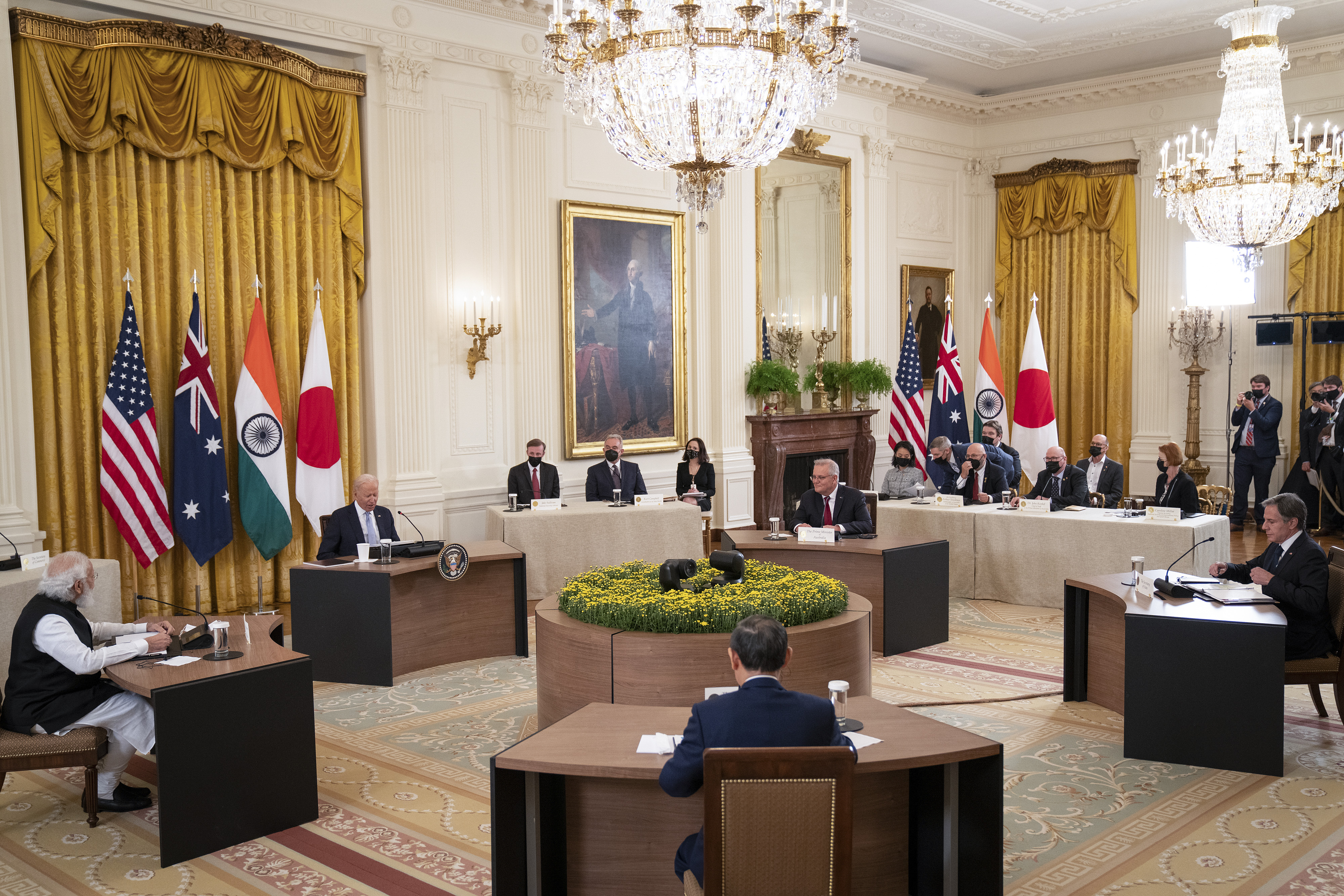 Joe Biden (C-L) hosts a Quad Leaders Summit along with Indian Prime Minister Narendra Modi, Australian Prime Minister Scott Morrison and Japanese Prime Minister Suga Yoshihide in the East Room of the White House on September 24, 2021 in Washington, DC. The four leaders are expected to discuss a range of topics including climate change, Covid-19 vaccines and a free and open Indo-Pacific ocean region. (Photo by Pool/Getty Images)