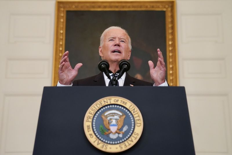 U.S. President Joe Biden delivers remarks on the Delta variant and his administration's efforts to increase vaccinations, from the State Dining Room of the White House in Washington