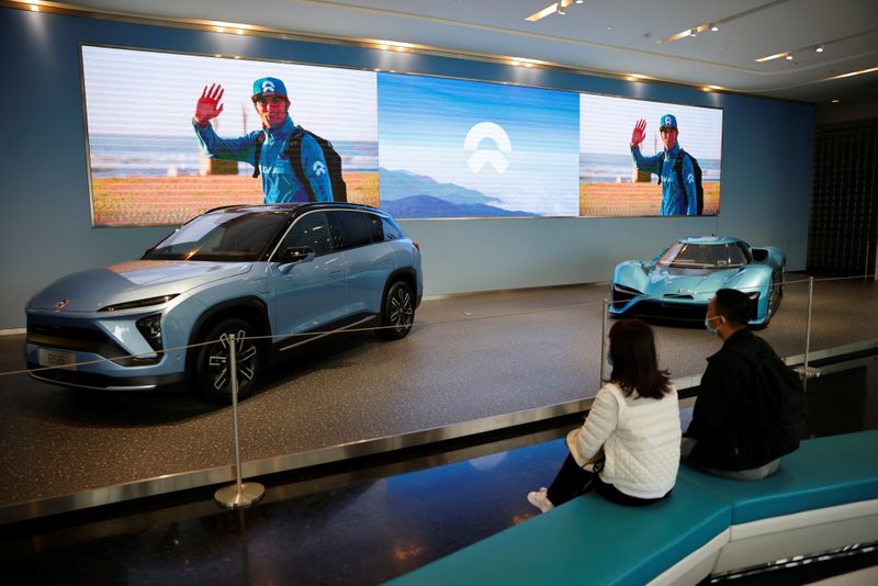 Nio electric cars are displayed at a Nio office in Shanghai