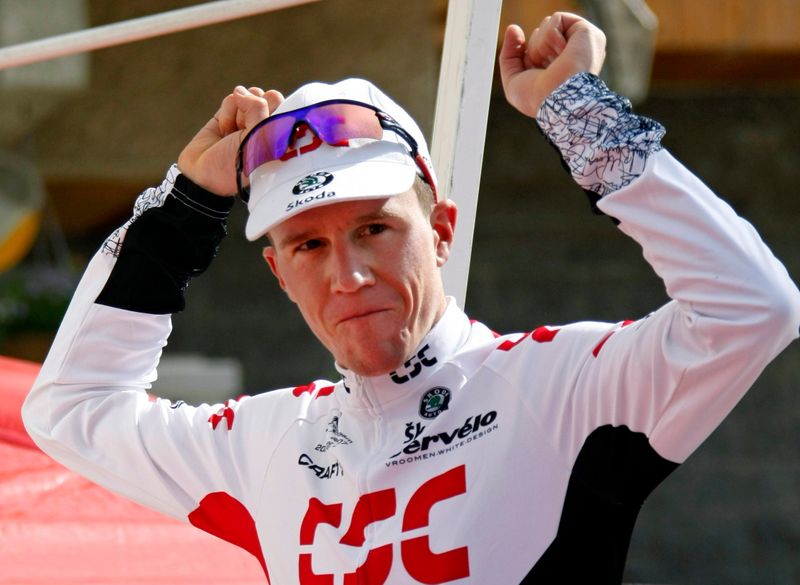 Sorensen of Denmark celebrates on the podium after winning the sixth stage of the Dauphine cycling race in La Toussuire