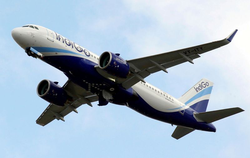 FILE PHOTO: An IndiGo Airlines Airbus A320 aircraft takes off in Colomiers near Toulouse, France
