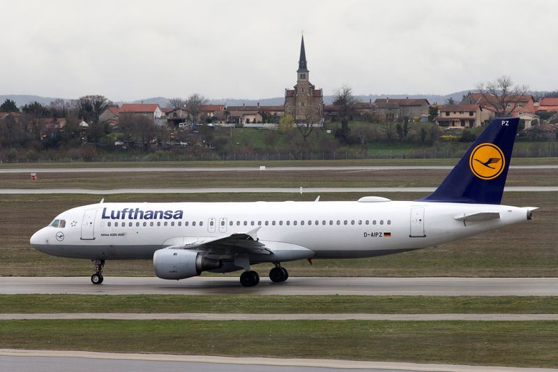 A Lufthansa Airbus A320-200 plane is seen on the tarmac at the Lyon-Saint-Exupery airport in Colombier-Saugnieu near Lyon