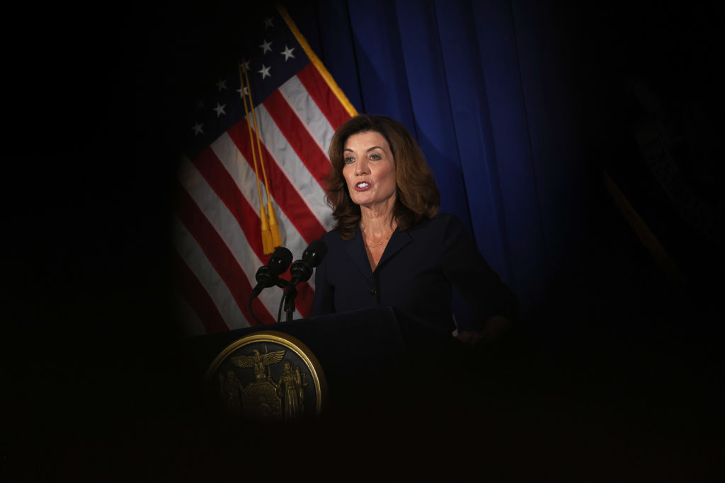 ALBANY, NEW YORK - AUGUST 11: Lt. Gov. Kathy Hochul speaks during a press conference at the New York State Capitol on August 11, 2021 in Albany City. Lt. Gov. and incoming NY Gov. Kathy Hochul gave her first press conference after Gov. Andrew Cuomo announced that he will be resigning following the release of a report by the New York State Attorney General Letitia James, that concluded that Cuomo sexually harassed nearly a dozen women. Hochul will be New York's first woman governor. (Photo by Michael M. Santiago/Getty Images)