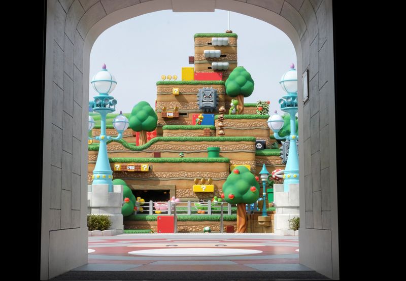 General view shows Yoshi's Adventure attraction inside Super Nintendo World at the Universal Studios Japan theme park in Osaka, Japan