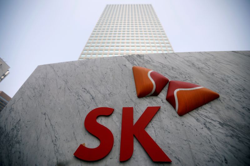 FILE PHOTO: The logo of SK Innovation is seen in front of its headquarters in Seoul