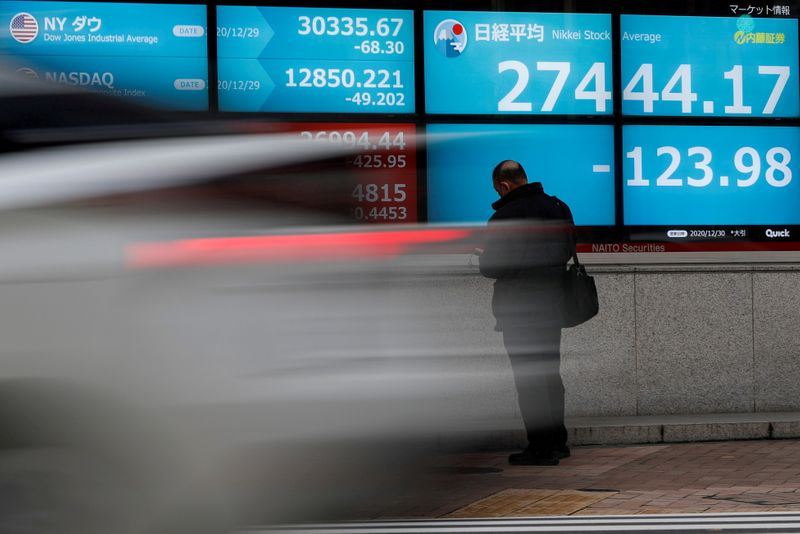 FILE PHOTO: Screen displays Nikkei share average and stock indexes outside a brokerage in Tokyo