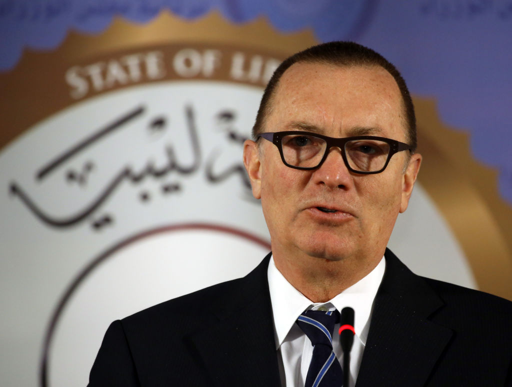 UN Undersecretary-General for Political Affairs Jeffrey Feltman speaks during a press conference in the Libyan capital Tripoli on January 10, 2018. / AFP PHOTO / MAHMUD TURKIA (Photo credit should read MAHMUD TURKIA/AFP via Getty Images)