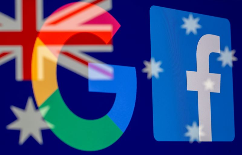 FILE PHOTO: Google and Facebook logos and Australian flag are displayed in this illustration taken