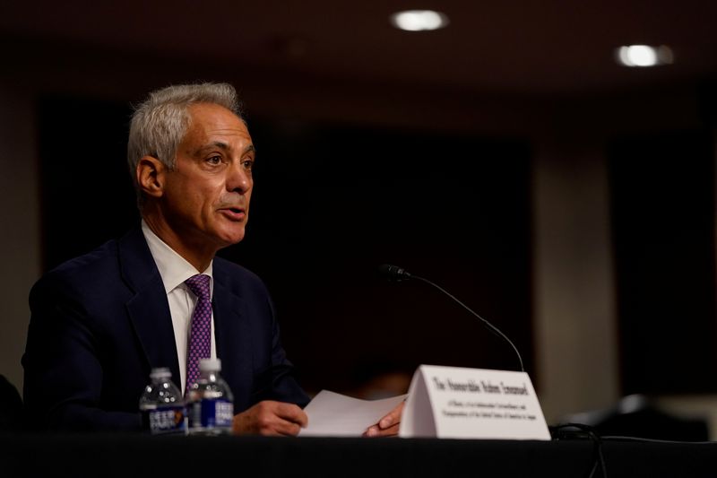 FILE PHOTO: Former Chicago Mayor Rahm Emanuel at Senate Foreign Relations Committee hearing on his nomination to be the United States Ambassador to Japan, on Capitol Hill in Washington