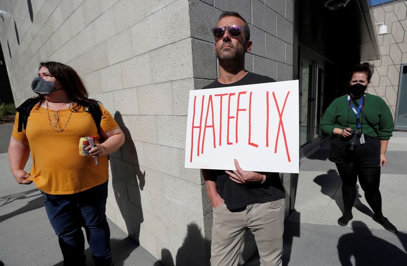 FILE PHOTO: Rally in support of the Netflix transgender employee walkout 'Stand Up in Solidarity,' in Los Angeles