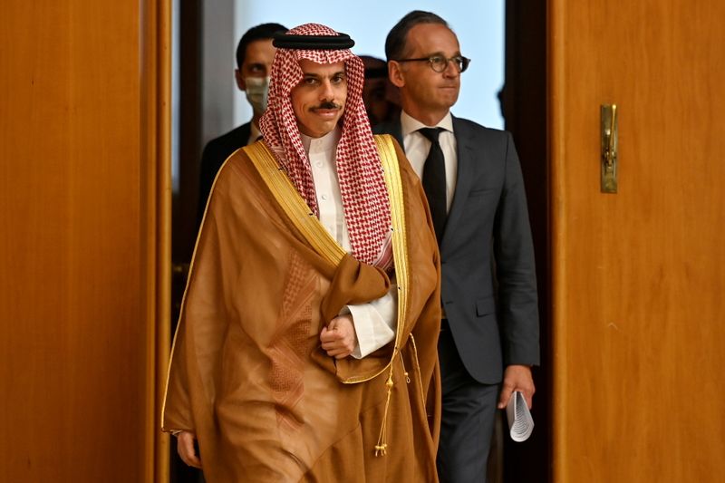 FILE PHOTO: Saudi Foreign Minister Prince Faisal bin Farhan arrives with German Foreign Minister Heiko Maas for a joint news conference in Berlin