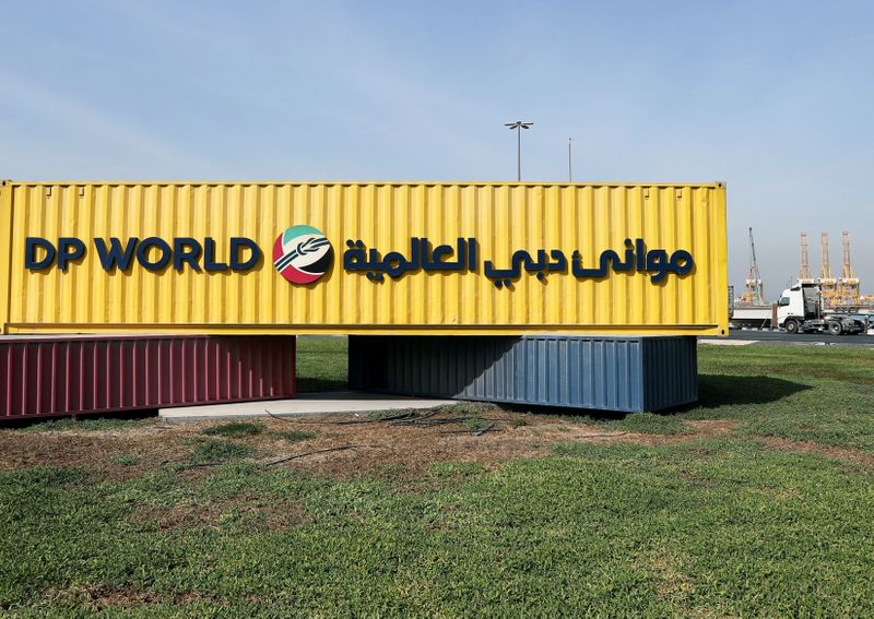 FILE PHOTO: Corporate logo of DP World is seen at Jebel Ali Port in Dubai