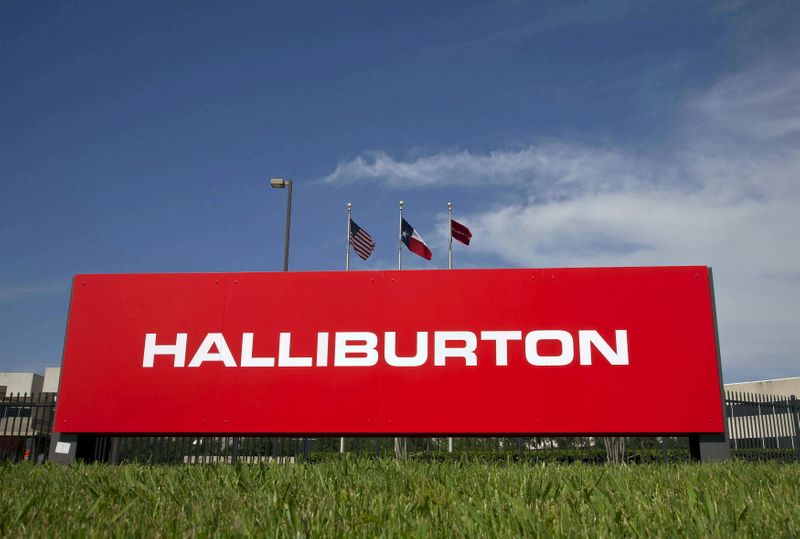 FILE PHOTO: The company logo of Halliburton oilfield services corporate offices is seen in Houston