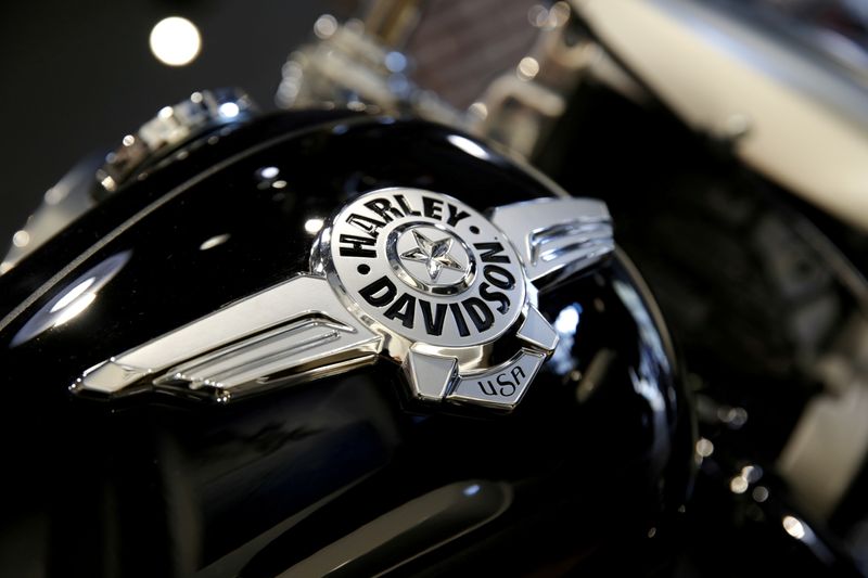 FILE PHOTO: The logo of U.S. motorcycle company Harley-Davidson is seen on one of their models at a shop in Paris