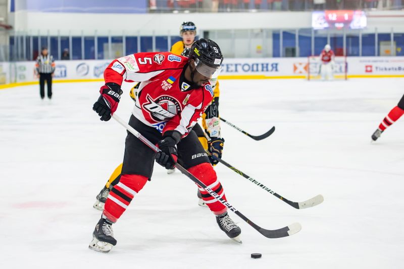 HC Donbass player Jalen Smereck in action during the Ukrainian Hockey Championship match against HC Bilyi Bars in Kramatorsk