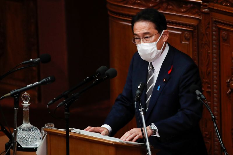 Japan's new PM Fumio Kishida speaks at parliament in Tokyo