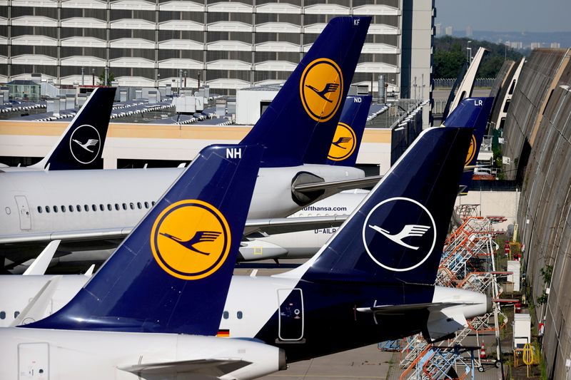 FILE PHOTO: Lufthansa planes are seen parked on the tarmac of Frankfurt Airport