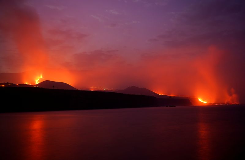 Lava flows following the eruption of a volcano on the Canary Island of La Palma