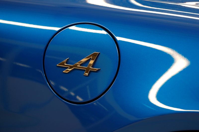 FILE PHOTO: The Alpine logo is seen on the new Alpine A110 sports car during the inauguration of the new production line in Dieppe, France