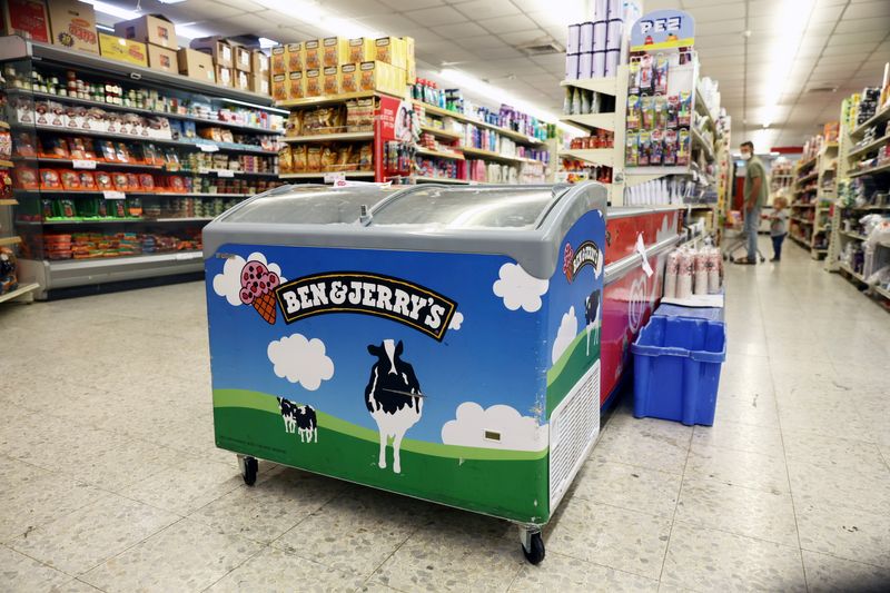 FILE PHOTO: A refrigerator bearing the Ben & Jerry's logo is seen at a food store in the Jewish settlement of Efrat in the Israeli-occupied West Bank