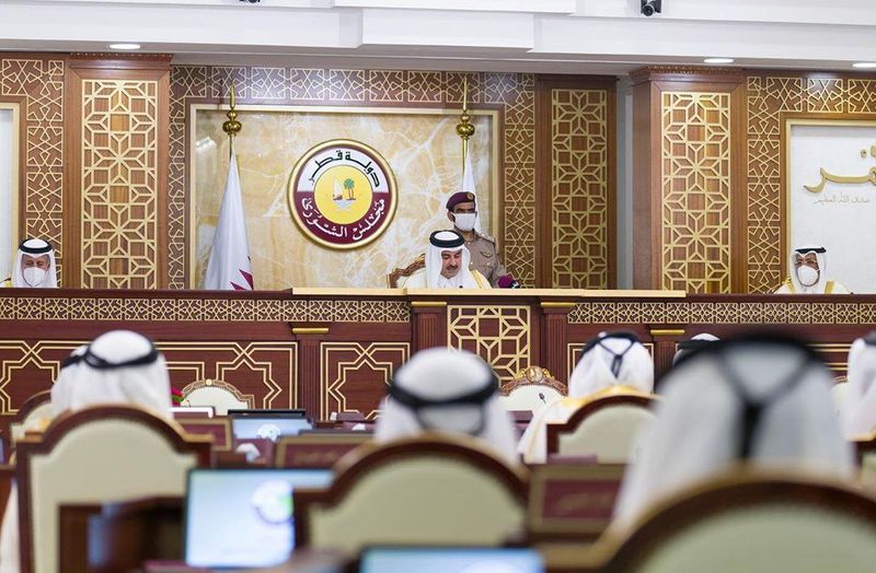FILE PHOTO: Qatar's ruler, Emir Sheikh Tamim bin Hamad al-Thani, gives a speech to the Shura Council in Doha