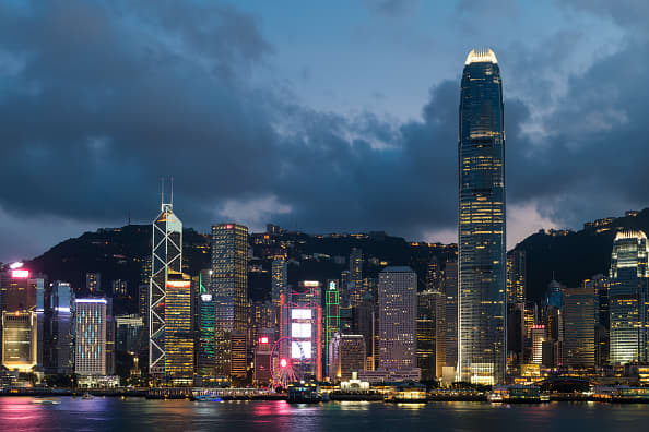 Hong Kong skyline seen at dusk.