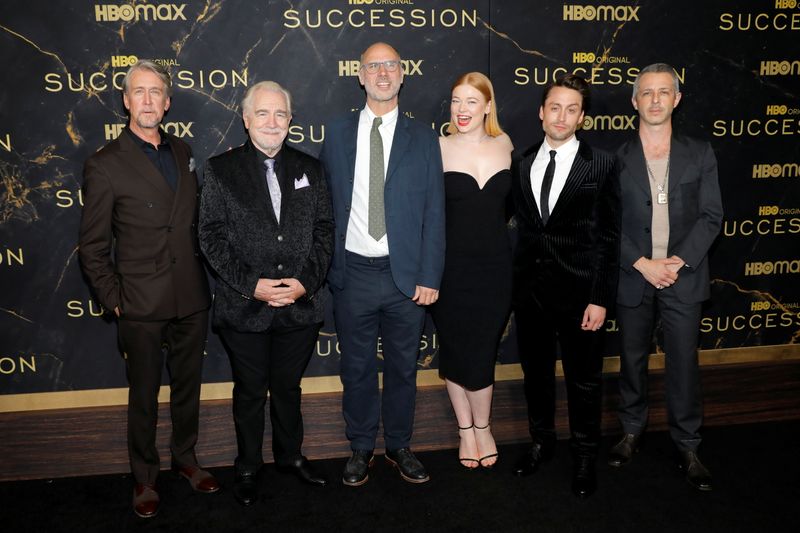 Alan Ruck, Brian Cox, Jesse Armstrong, Sarah Snook, Kieran Culkin and Jeremy Strong poses while attending the premiere of the third season of 