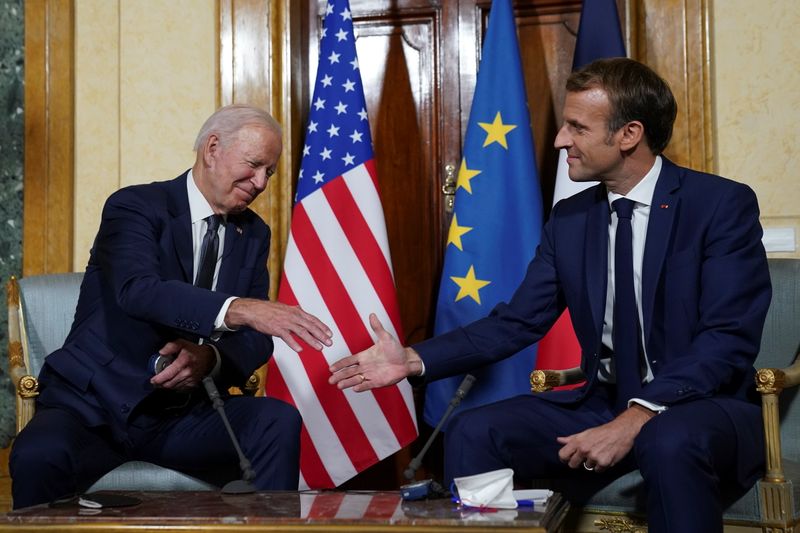 U.S. President Joe Biden meets with French President Emmanuel Macron ahead of the G20 summit in Rome