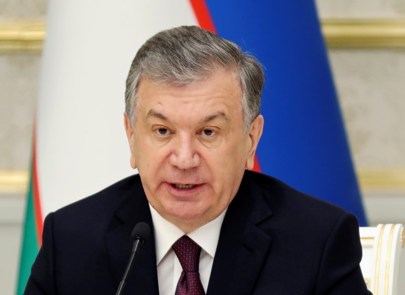 Uzbek president Mirziyoyev attends a news conference with his Kazakh counterpart Tokayev in Tashkent