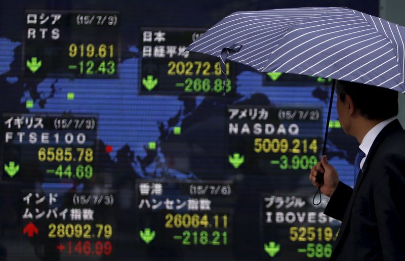 A pedestrian holding an umbrella looks at an electronic board the stock market indices of various countries outside a brokerage in Tokyo