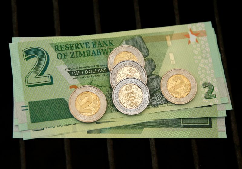FILE PHOTO: Zimbabwe's new two dollar banknotes and coins are shown outside a bank in Harare