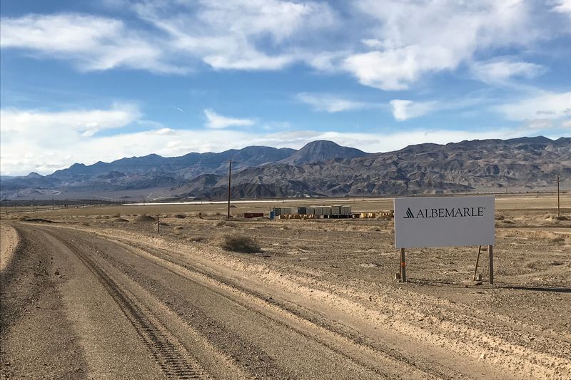 FILE PHOTO: A sign at the approach road leads to Albemarle's lithium evaporation ponds at its facility in Silver Peak