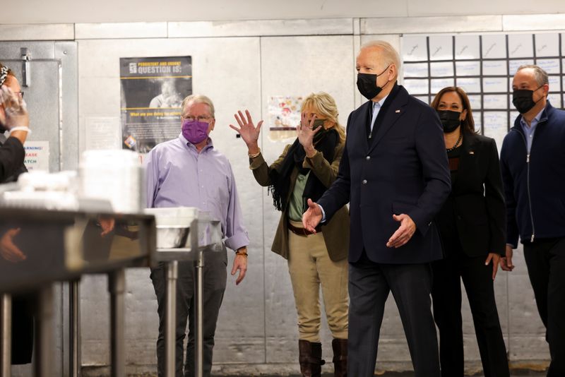 U.S President Joe Biden and first lady Jill Biden, Vice President Kamala Harris and the second gentleman Doug Emhoff, participate in a holiday service project at DC Central Kitchen in Washington