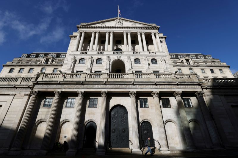 FILE PHOTO: A person walks past the Bank of England, in London