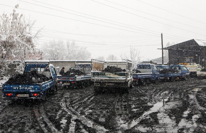 Lorries are seen in a queue for coal amid the energy crunch in Bishkek
