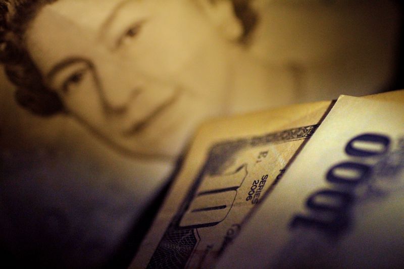 Illustration photo of Japan Yen note in front of U.S. Dollar and British Pound Sterling notes