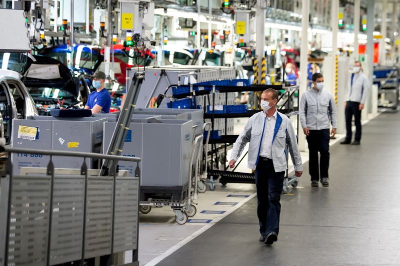 FILE PHOTO: Volkswagen assembly line in Wolfsburg, Germany, Europe's largest car factory, during the coronavirus pandemic