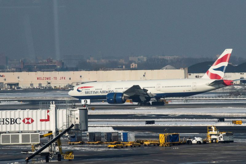 FILE PHOTO: A British Airways plane arrives from London at JFK International Airport in New York City, U.S.