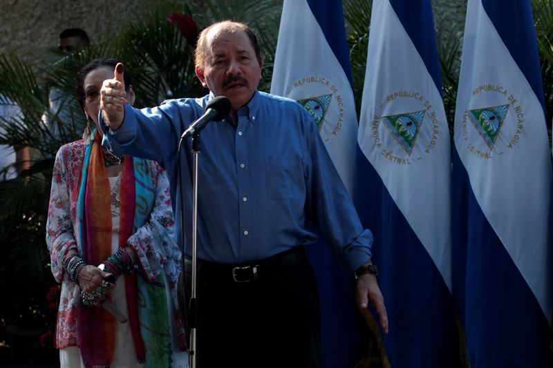 Nicaragua's President Daniel Ortega speaks after voting in the municipal elections at a polling station in Managua, Nicaragua