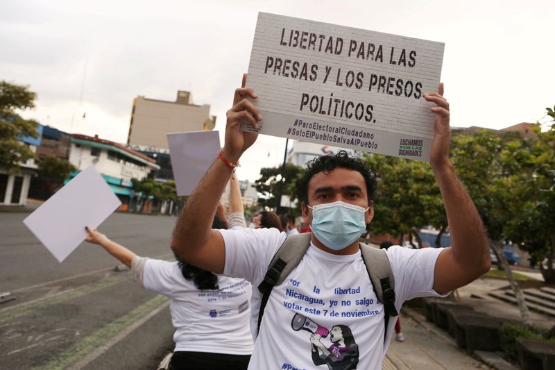 FILE PHOTO: Nicaraguans exiled in Costa Rica protest against the government of President Daniel Ortega, ahead of the country's presidential elections
