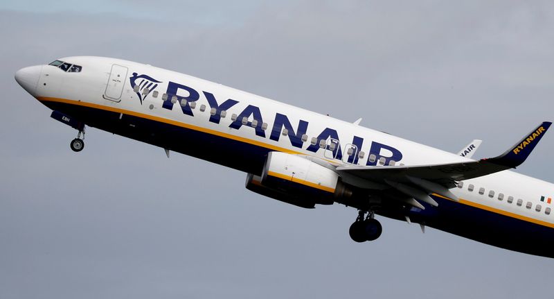 FILE PHOTO: A Ryanair plane takes off from Manchester Airport as the spread of the coronavirus disease (COVID-19) continues in Manchester