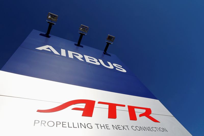 The logos of Airbus and aircraft manufacturer ATR are seen on a building at Saint-Martin-du-Touch near Toulouse