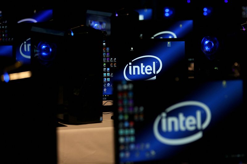 FILE PHOTO: The Intel logo is displayed on computer screens