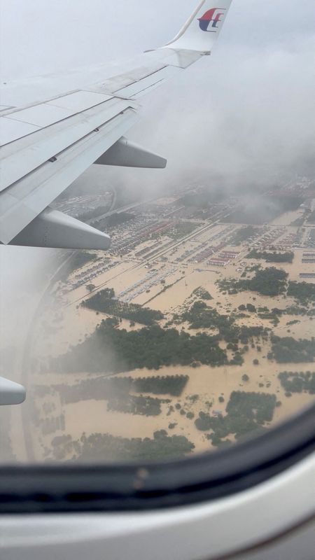 View of a flooded area as seen from airplane window, in Malaysia