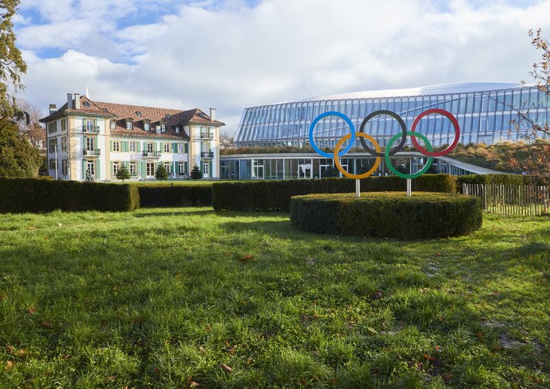 The Olympic rings are pictured in front of the IOC headquarters in Lausanne